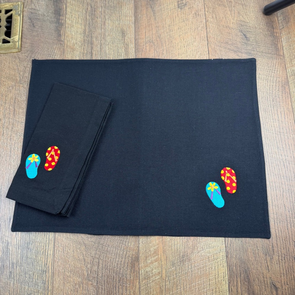 Set of 8 Vintage Placemats and 8 Napkins Black Cotton Flip‎ Flops